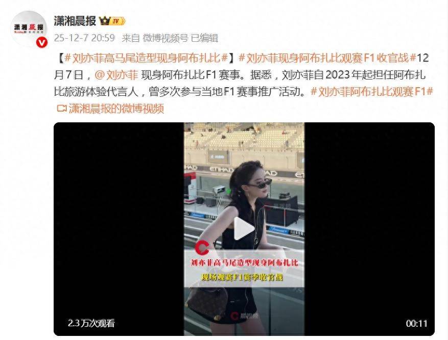 刘亦菲现身阿布扎比F1赛事，黑色束腰裙高马尾吸睛